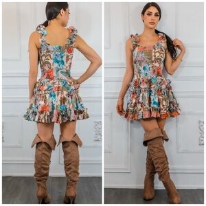 Vici Luxxel Boho Patchwork Smocked Mini Dress Ruffle Strap Tiered Skirt M